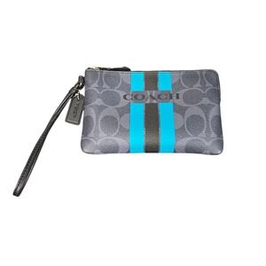 Coach Varsity Stripe Gray and Blue Wristlet